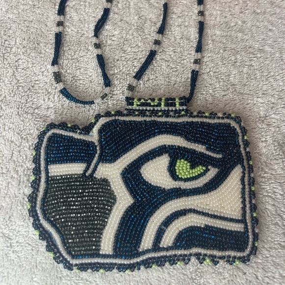 Handmade beaded Seattle Seahawks medallion necklace with leather back - Picture 2 of 5